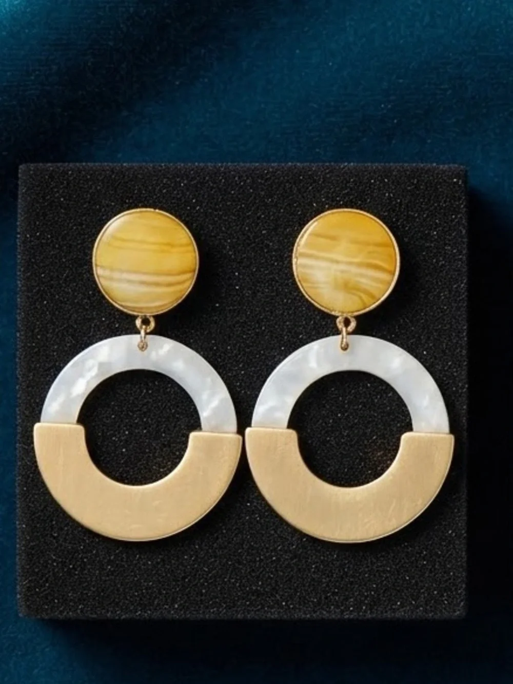 Gold and Ivory Tone Resin Hoop Drop Earrings